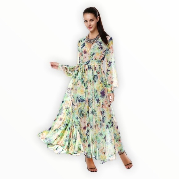 ACEVOG Tropical Floral Chiffon Beach Swimsuit Coverup Maxi Dress - Picture 1 of 10
